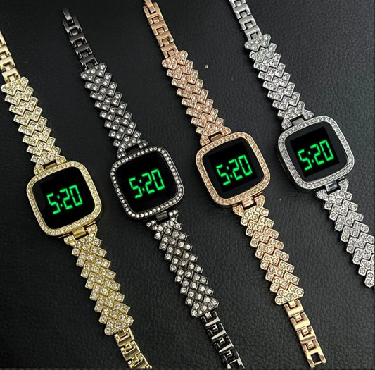 Watch for Girls Diamond Touch Screen LED Watch for Ladies Stylish Fashion Watch For Girls in Silver Stone Square Dial Shape For Gift