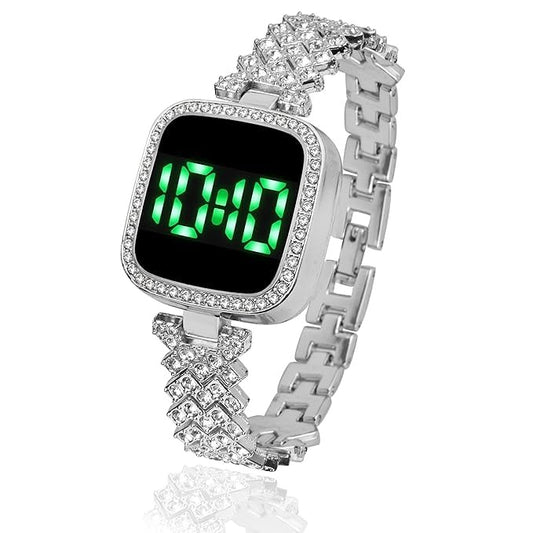 Watch for Girls Diamond Touch Screen LED Watch for Ladies Stylish Fashion Watch For Girls in Silver Stone Square Dial Shape For Gift